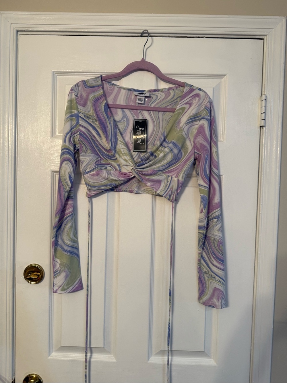 Just Polly Pastal Marble Tie-Front Long Sleeve Crop Top